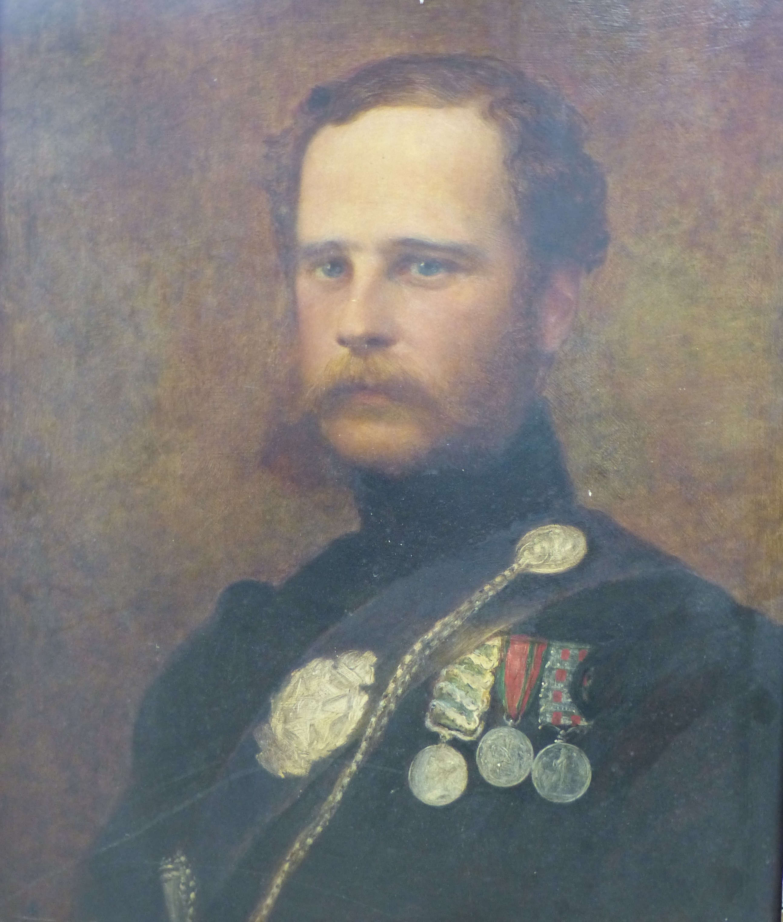 Attributed to George Frederick Watts, oil on panel, Portrait of a Richard Riversdale Glyn, 8th Hussars Crimean War, died at Aden 1859, 60 x 50cm